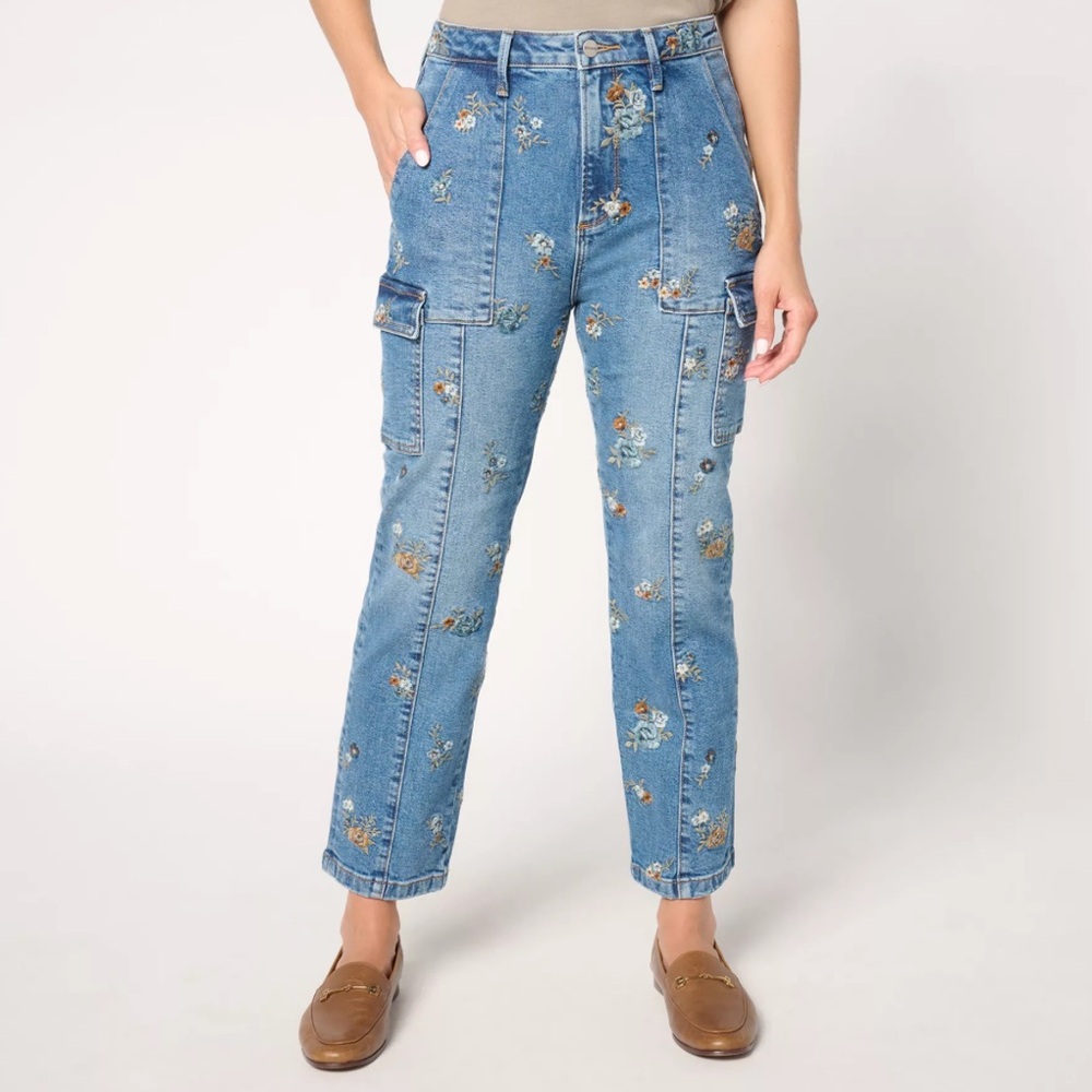 DRIFTWOOD Blue Floral Embroidered Cropped Jeans Royce Straight Leg Cargo Denim - Picture 1 of 7